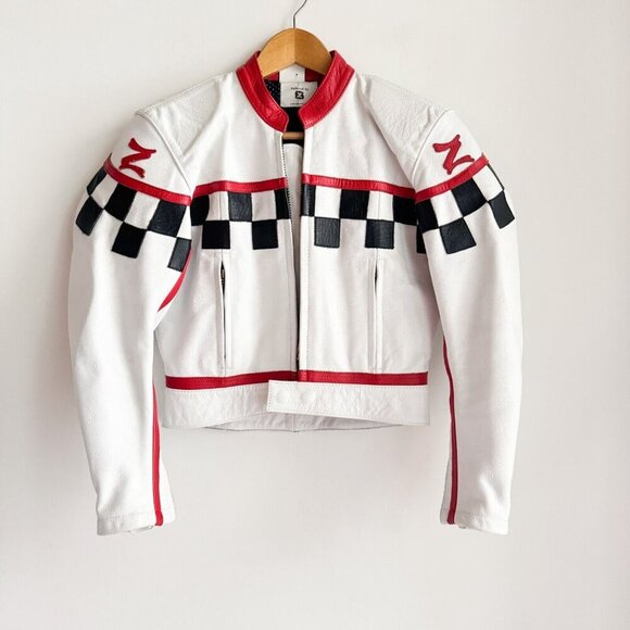 Vintage Z Customs White Leather Geometric Print Cropped Moto Jacket S - Picture 1 of 5